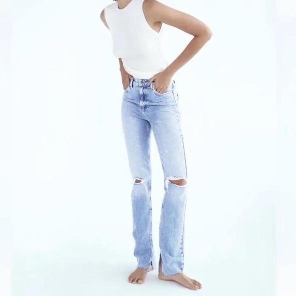 Zara Blue Straight Leg Jeans with Distressed Details